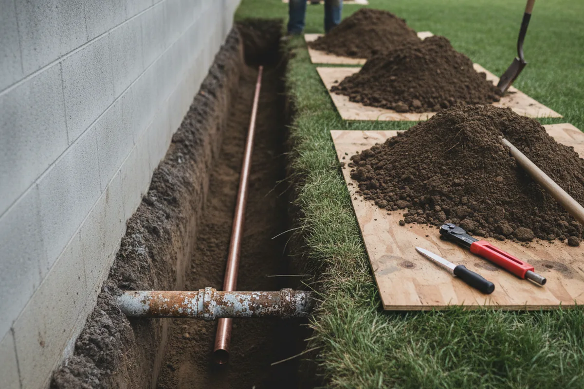 Excavated water line trench during Water Heater Repair in Leola